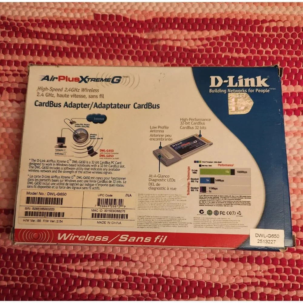 D-Link Wireless 108G AirPlusXtremeG Notebook Adapter New